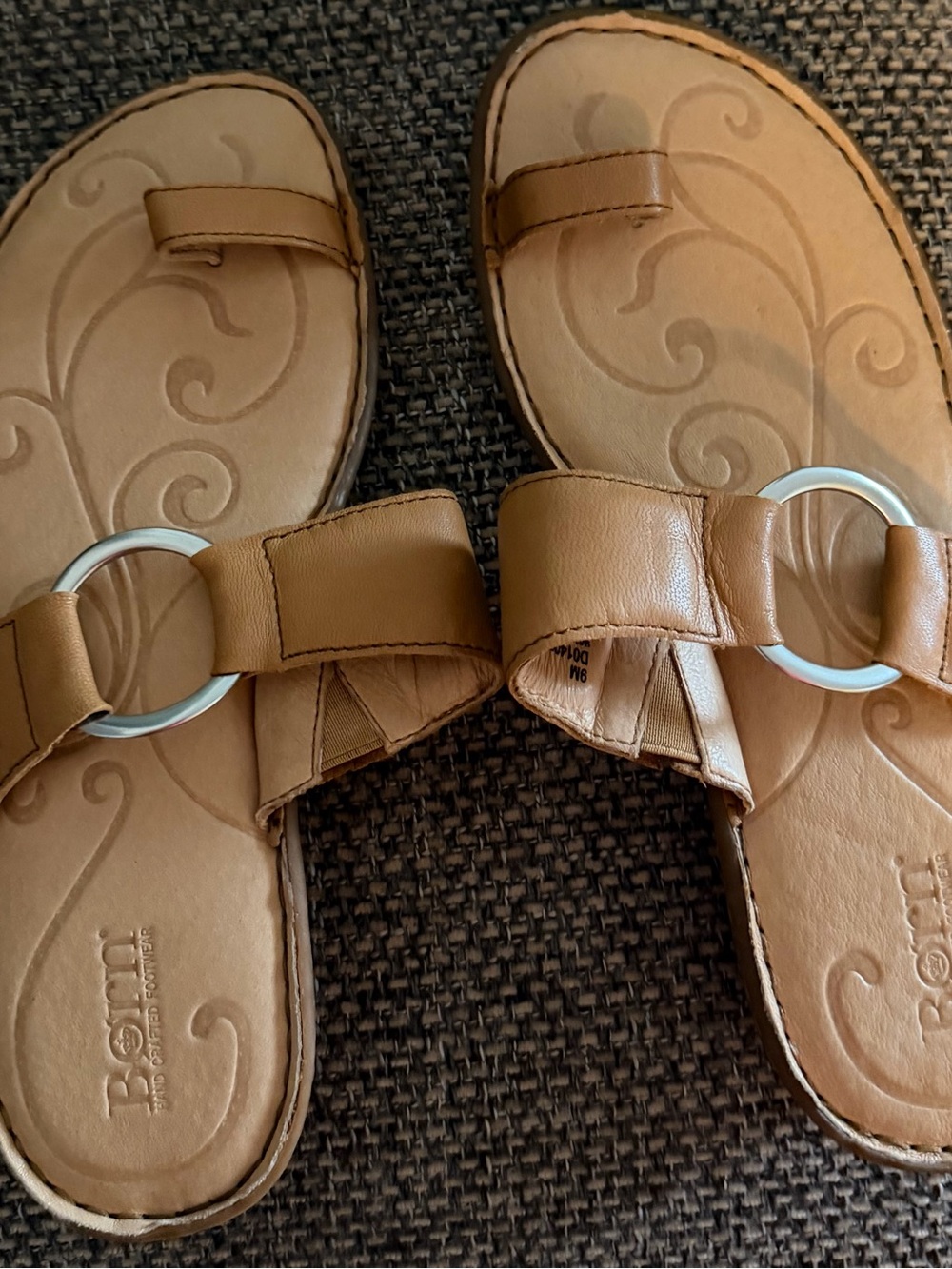 Born Women’s Tan Slide Sandals with Silver Ring Accent